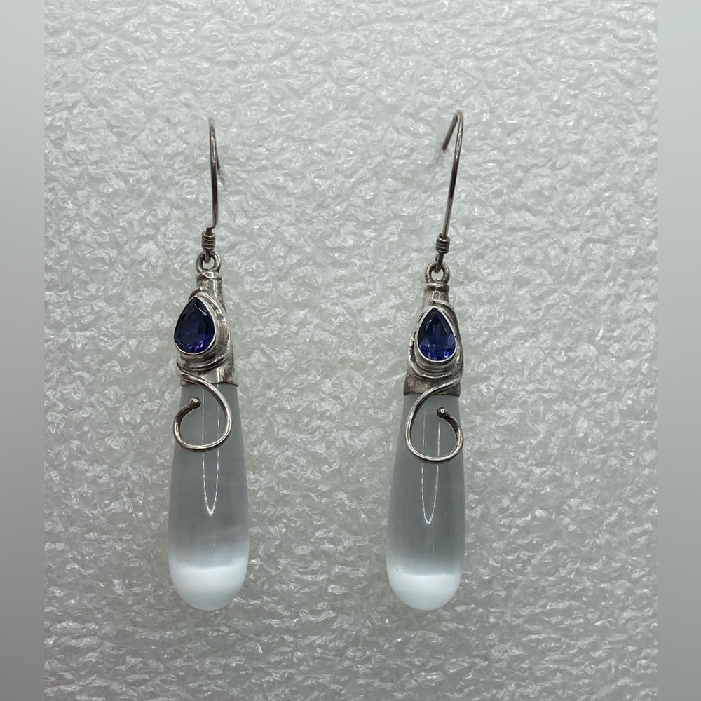 Vtg Sajen Sterling Amethyst Cat Cats Eye Quartz Tear Drop Dangle Earrings 2.2”